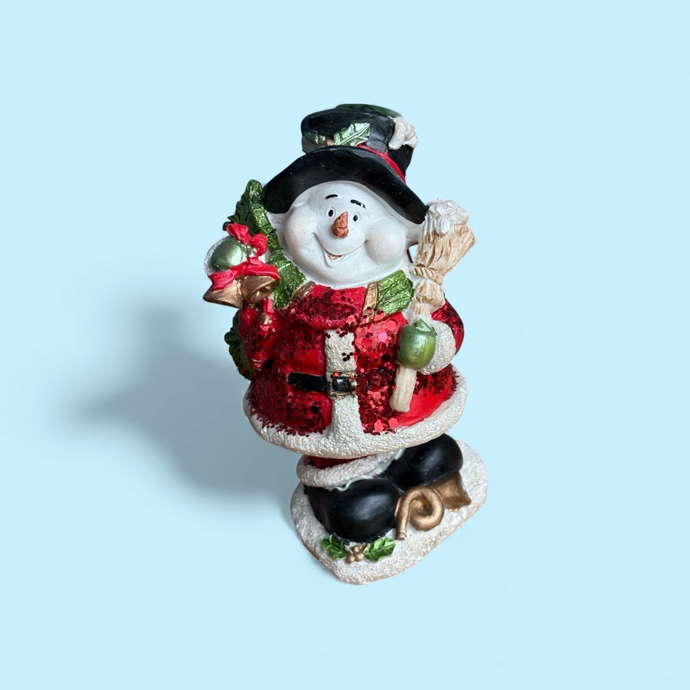Glitter Snowman Figurine | Holiday Resin Décor Dressed as Santa
